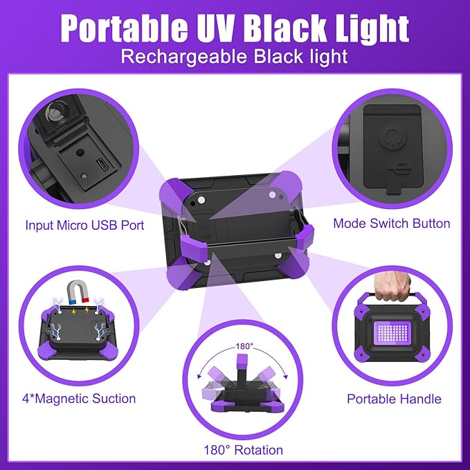T-SUN Rechargeable Black Lights, Battery Powered Black Lights for Fishing Portable Blacklights for Glow Party Body Paint Fluorescent Poster Neon Party 4 Packs