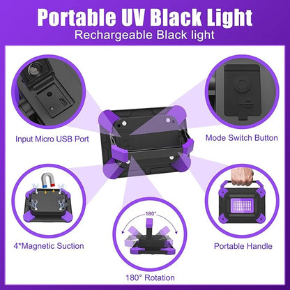 T-SUN Rechargeable Black Lights, Battery Powered Black Lights for Fishing Portable Blacklights for Glow Party Body Paint Fluorescent Poster Neon Party 4 Packs