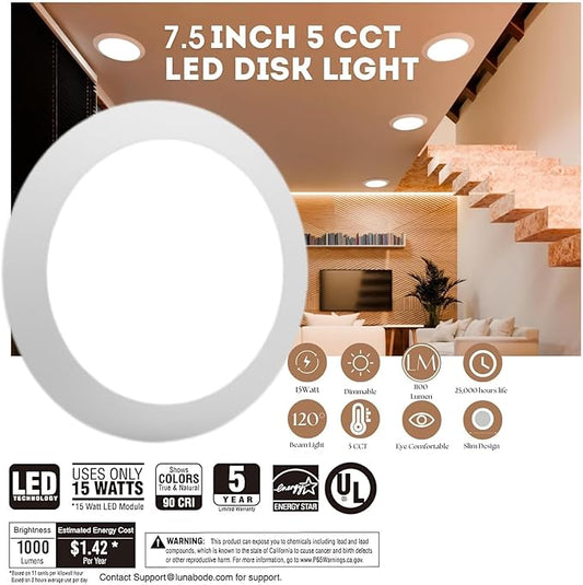 7.5 Inch Disc Light I Dimmable Ceiling Light Fixtures | 5CCT LED Lights 2700K/3000K/3500K/4000K/5000K | Flush Mount Ceiling Light I ETL & UL Certified I LED Lights for Bedroom - 12 Pack