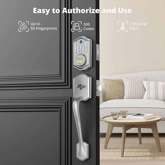 AkaGear DS10 Keyless Entry Door Locks - Keypad Lock with Handle Set, Fingerprint Deadbolt, Smart Locks for Front Doors, Auto-Lock & One Touch Locking, 2 Keys, Easy Installation - Satin Nickel