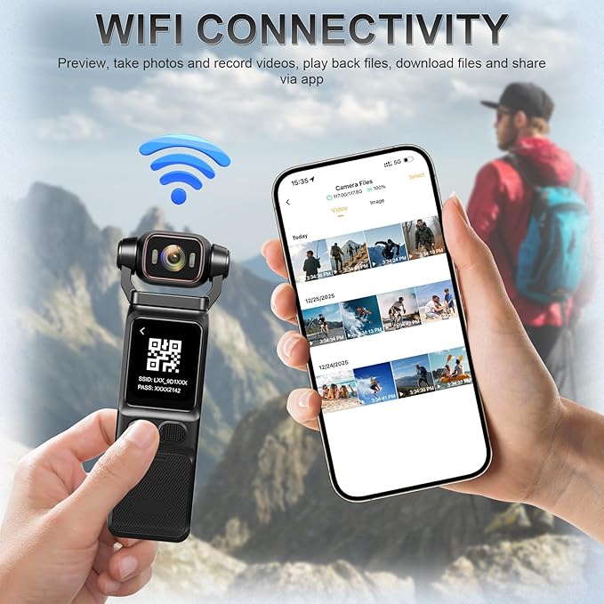 4K Vlogging Camera Mini Action Camera 180° Rotating Pocket Body Cam with Audio & Video Handheld Pov Cameras with Stabilization, Touch Screen, 64GB Card Small Vlog Camcorder for Sport, Travel, Daily
