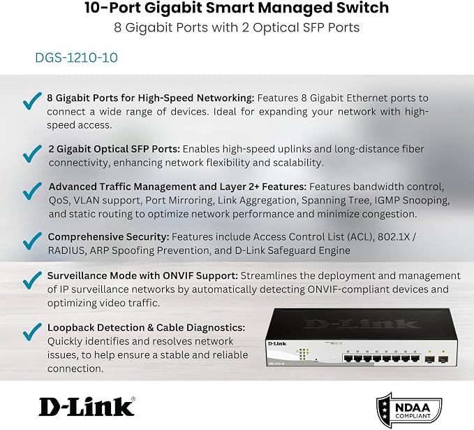 D-Link 10-Port Gigabit Smart Managed Switch | 8 GbE + 2 SFP Ports | L2+ | VLANs | Cable Diagnostics | Web Managed | Desktop or Rackmount | Fanless | NDAA Compliant | Lifetime Protection (DGS-1210-10)