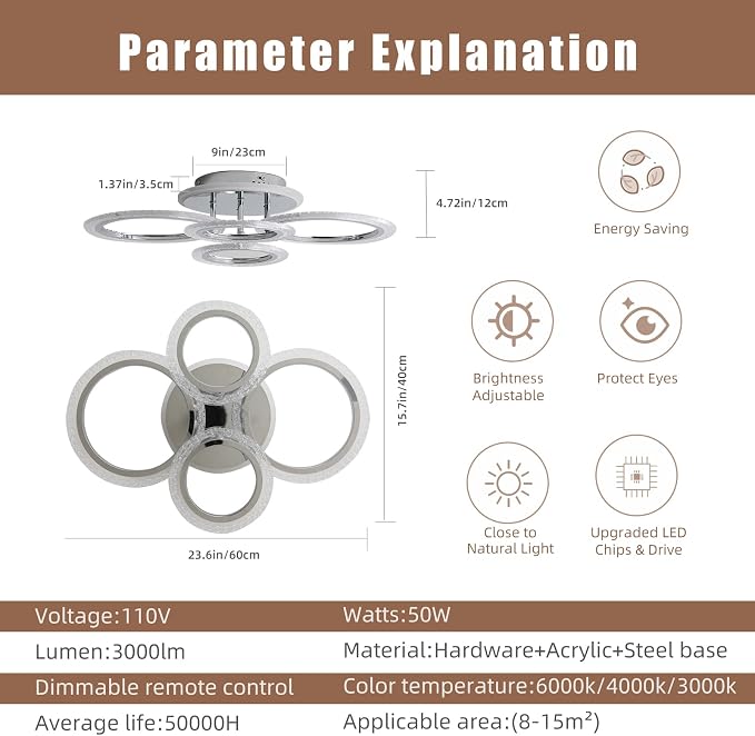 50W Dimmable LED Ceiling Light, Modern Flush Mount, Chrome 4-Ring | Remote Control, Adjustable 3000-6000K, Modern Lighting for Living Room, Bedroom, Kitchen & Hallway
