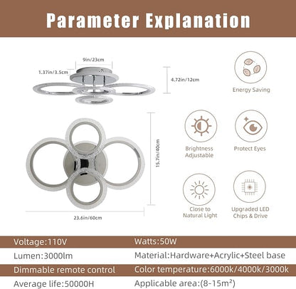 50W Dimmable LED Ceiling Light, Modern Flush Mount, Chrome 4-Ring | Remote Control, Adjustable 3000-6000K, Modern Lighting for Living Room, Bedroom, Kitchen & Hallway