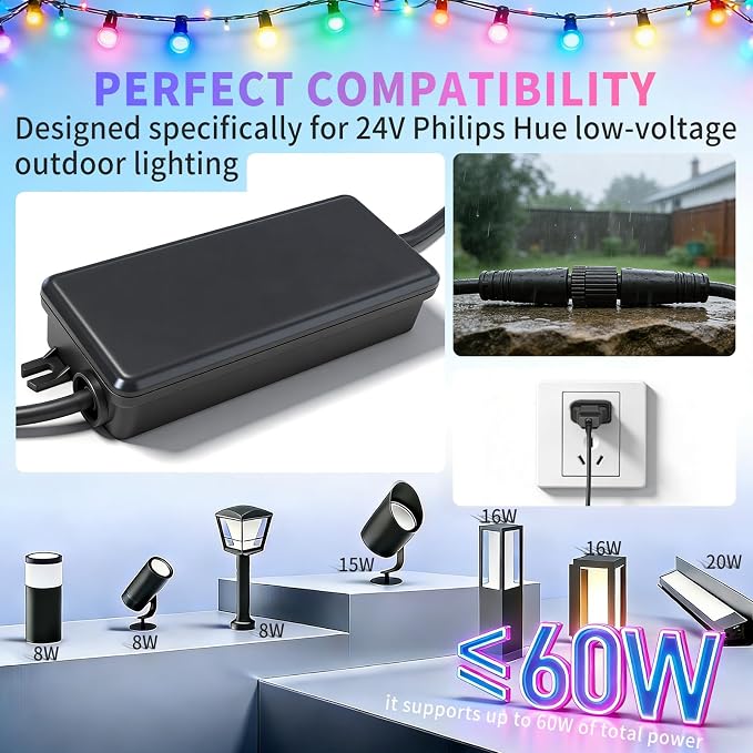 24V 60W Power Adapter for Philips Hue Bridge Outdoor Lighting | Compatible with Philips Hue Lily Spot, Lily XL, Calla Pathway, Impress Lights IP67 Waterproof Single Connector Power Supply