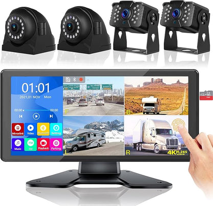 RV Backup Camera for RV Truck Semi Truck Trailer, 4K 10.36" Touch Monitor with Recording DVR MP5 Bluetooth Adjustable Parking Assist Line & Four 1080P AHD IP69 Waterproof Rear Side View Backup Cameras