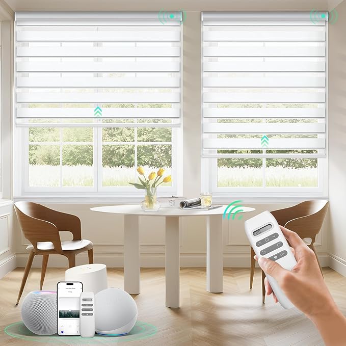 HeyBlinds Motorized Zebra Blinds with Remote, Smart Cordless Electric Zebra Shades for Indoor Windows Compatible with Alexa Google & Homekit, Custom Size (Minimalism-White BO)