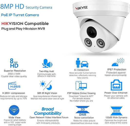 4K PoE Camera Outdoor, 8MP POE Turret Dome Camera with Human/Vehicle Detection, Built-in Mic, 2.8mm 108° Wide-Angle Lens, 98ft IR Night Vision, IP67, Blue Iris for Home Security,NDAA Compliant