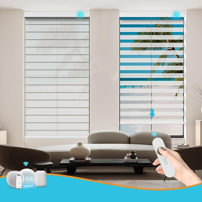 Motorized Zebra Blinds with Remote, Work with HomeKit Alexa, Smart Light Filtering Horizontal Automatic Electric Window Shades for Home Office Customsize(80% Blackout Oceanwave White)