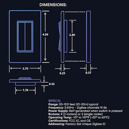 RunLessWire Click for Philips Hue – Battery-Free Wireless Smart Light Switch, 30ft Range – Works Natively with Philips Hue Bridge – Wall Mount Kinetic Switch - Decora Style, Gray