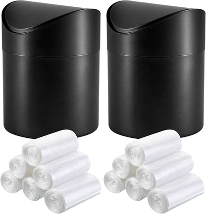 2 Pcs Desk Trash Can with Swing Lids, 12 Rolls of Trash Bags, 2L Brushed Stainless Steel Countertop Garbage Bin Small Wastebasket with Lid for Office Desk, Coffee Table (Black)