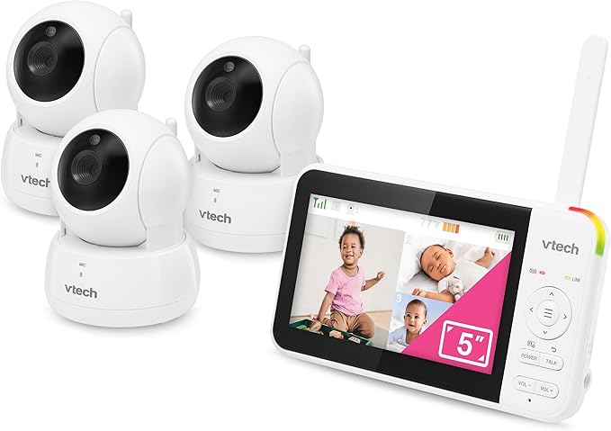 VTech VM924-3 5" Pan Tilt Zoom Video Baby Monitor with 3 Cameras – No WiFi, 17Hr Battery, 1000ft Range, Night Vision & Lullabies – Ideal for New Parents