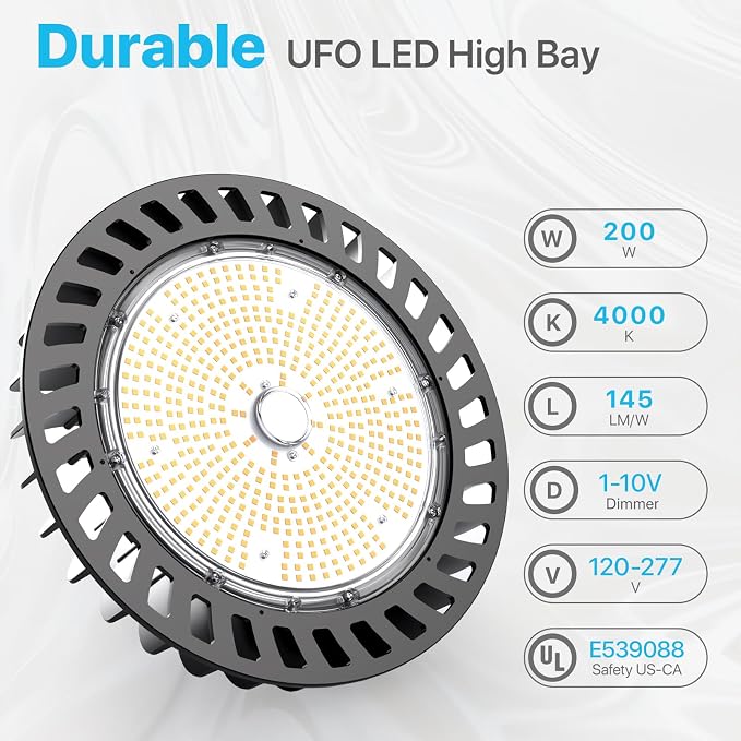 HYPERLITE UFO LED High Bay Light: 200W 29,000LM (145LM/W) 1-10V Dimmable, UL Listed 4000K High Bay LED Light for Shop Gym Stadium Exhibition Hall, Alternative to 850W MH/HPS, 5-Year Warranty