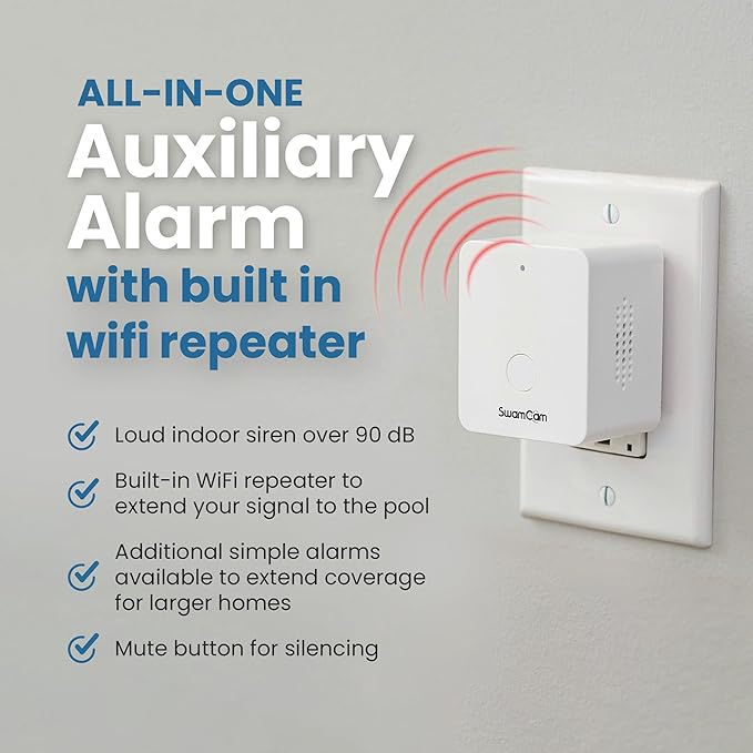 SwamCam Pool Alarm Wi-Fi Camera System – ASTM F2208 Certified – Smart Pool Safety for In-ground & Above-Ground Pools – Real-Time Alerts, Live View, Built-in Wi-Fi Repeater