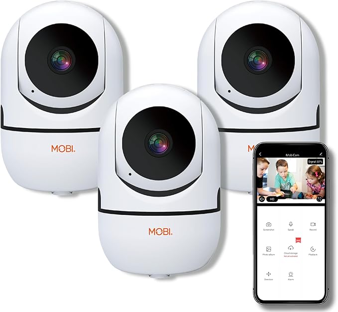 MobiCam HDX Wi-Fi Pan & Tilt Smart Nursery, Elderly & Home Monitoring Camera, 1080p HD Indoor Security Night Vision IP Camera, Motion Detection, Two-Way Audio, Cloud & SD Card Storage - (3-Pack)