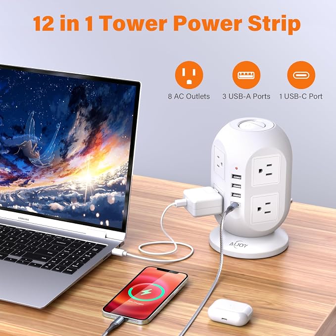 Tower Surge Protector Power Strip 10 ft with 8 Outlets 4 USB Ports(1 USB C), Flat Plug Extension Cord with Multiple Outlets Charging Station for Home Office Dorm, White