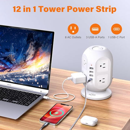 Tower Surge Protector Power Strip 10 ft with 8 Outlets 4 USB Ports(1 USB C), Flat Plug Extension Cord with Multiple Outlets Charging Station for Home Office Dorm, White