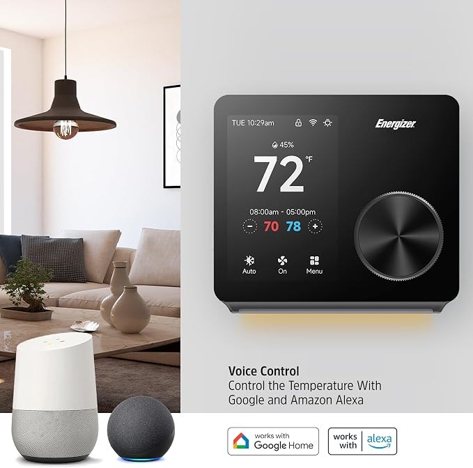 Energizer Smart Thermostat, Programable Wi-Fi Thermostat, 5GHz & 2.4GHz, Compatible with Alexa and Google, App Control, 3.5” inch Color Touch Screen, Easy Installation, 7 Day Scheduling, Night Light