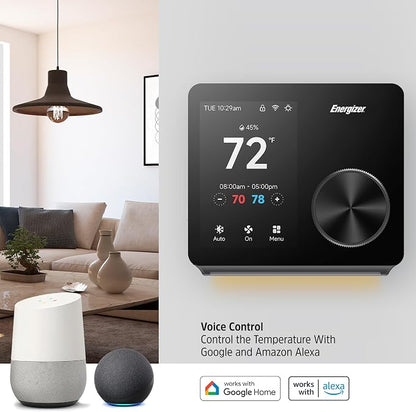Energizer Smart Thermostat, Programable Wi-Fi Thermostat, 5GHz & 2.4GHz, Compatible with Alexa and Google, App Control, 3.5” inch Color Touch Screen, Easy Installation, 7 Day Scheduling, Night Light
