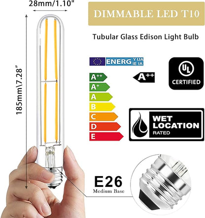 7.3 Inch E26 Led Bulb 6W, Equal 80 Watt 3000K Warm White Edison Bulbs Dimmable, T10 T9 Long Tubular Clear Glass Light Bulb 800LM for Pipe Pendant Chandeliers Wall Sconces - UL Cert 6Pack