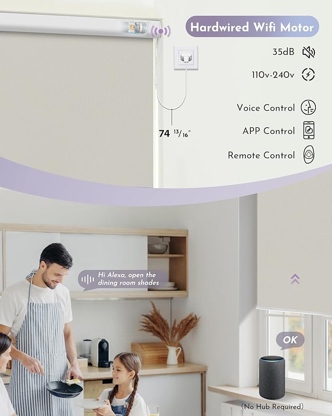 Graywind Motorized Roller Shade 100% Blackout Work with Alexa Google Waterproof Vinyl Fabric Remote Control Hardwired Window Shades Window Blinds, Customized Size (Vinyl - Beige)