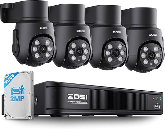 ZOSI 1080P Home Security Camera System Outdoor Indoor, 8CH 5MP-Lite CCTV DVR with AI Human Vehicle Detect, 4 x 1080P Pan Tilt Weatherproof Surveillance Camera, Night Vision, Audio Recording, 500GB HDD