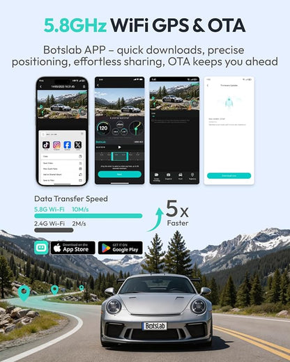BOTSLAB 3K 4 Channel Dash Cam, 560° All-Sides View, Front and Rear Inside Car Camera with 3.18”Touch Screen, Dash Camera 24/7 Parking Mode, Built-in GPS 5.8GHz WiFi Voice Control, Free 128GB Card