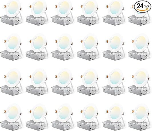 Amico 24 Pack 4 Inch 5CCT Ultra-Thin LED Recessed Ceiling Light with Junction Box, 2700K/3000K/3500K/4000K/5000K Selectable, 800 Lumens, Dimmable Canless Wafer Downlight, 10W Eqv 60W-ETL&FCC