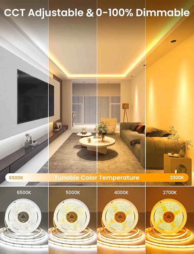 COB LED Strip Light 16.4ft, Dimmable 2300K-6500K White CCT Tunable, DC 24V Cuttable LED Tape Light, High Density 3040 LED 36W CRI 90, APP Remote Control, Music Mode, For Home DIY, Living Room, Bedroom