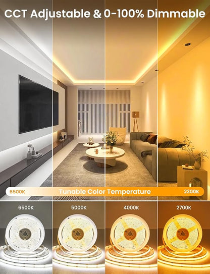 COB LED Strip Light 16.4ft, Dimmable 2300K-6500K White CCT Tunable, DC 24V Cuttable LED Tape Light, High Density 3040 LED 36W CRI 90, APP Remote Control, Music Mode, For Home DIY, Living Room, Bedroom