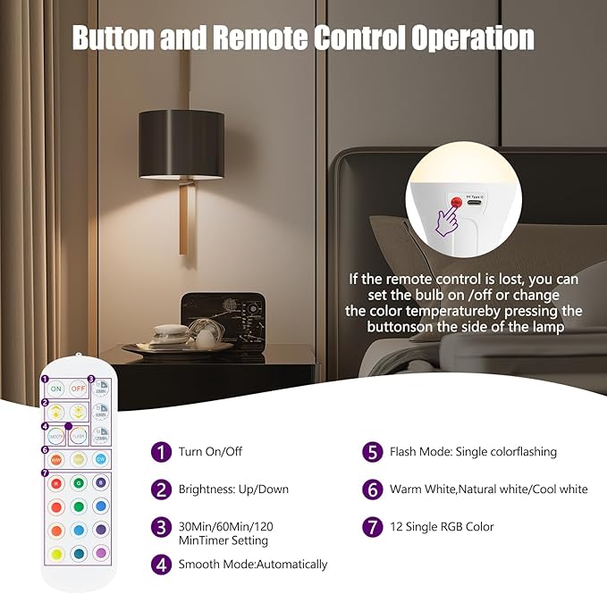 E26 Rechargeable Light Bulbs with Remote, 2 Pack A21 Wireless 2000mAh Battery Operated LED Light Bulbs for Lamp, 3 Color Temperatures Dimmable Color Changing Bulb for Outdoor Use