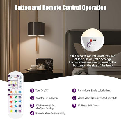 5000mAh Rechargeable Light Bulbs with Remote, E26 A21 Wireless Battery Operated LED Light Bulbs for Lamp, 12 RGB Dimmable Color Changing Light Bulb for Outdoor Use, 1 Pack