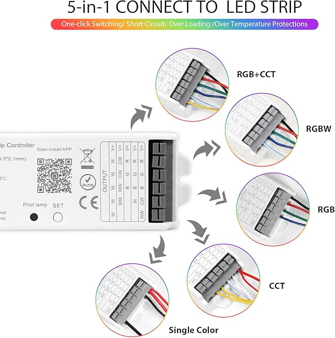 LM053 Bluetooth Mesh 4.2 LED Strip Controller RGB CCT RGBW 5in1 Dimmable Compatible with Smart Life APP/Alexa Echo/Google Assistant Home/Siri, DC12-24V Lights Controller