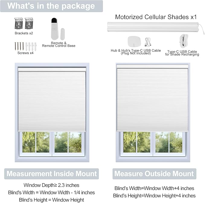 BERISSA Motorized Cellular Shades, Blackout Smart Honeycomb Blinds with Remote Control & Hub, Custom Room Darkening Automatic Cellular Window Blinds for Home Office, Living Room, Door,White