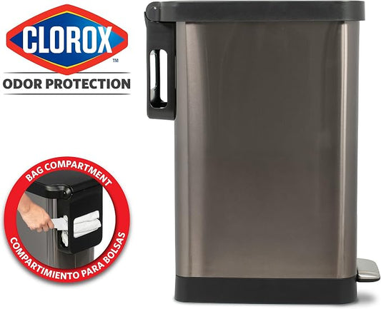 Glad Stainless Steel Slim Trash Can with Clorox Odor Protection - Narrow Kitchen Garbage Bin with Soft Close Lid, Step On Foot Pedal and Waste Bag Roll Holder, Pewter, 12 Gallon/45 Liter