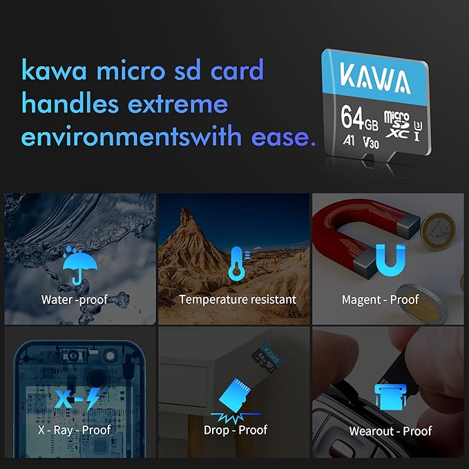 KAWA 64GB Micro SD Card, High Endurance Video Monitoring Card, microSDXC Flash Memory Card, A1, U3, Class10, V30, High Speed TF Card for DashCam, Security Camera, Baby Monitor, Phones, Tablets, Drones