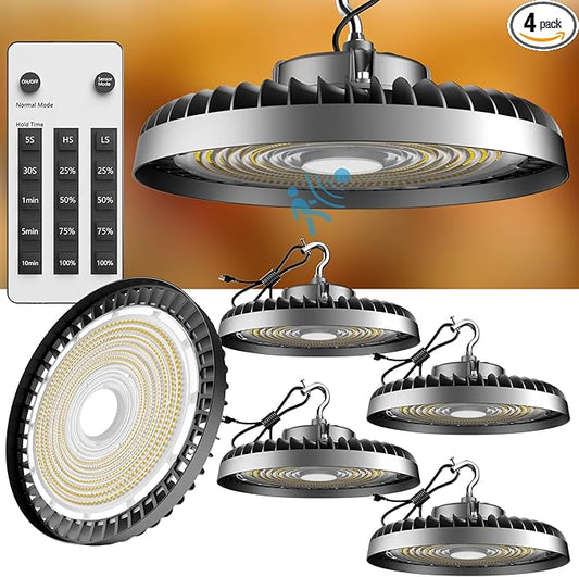 Lightdot Smart 200W LED High Bay Light with Control (Supports Normal Mode & Motion Mode) 30000lm UFO High Bay Shop Light, AC100-277V 5000K Daylight with Plug-4Pack