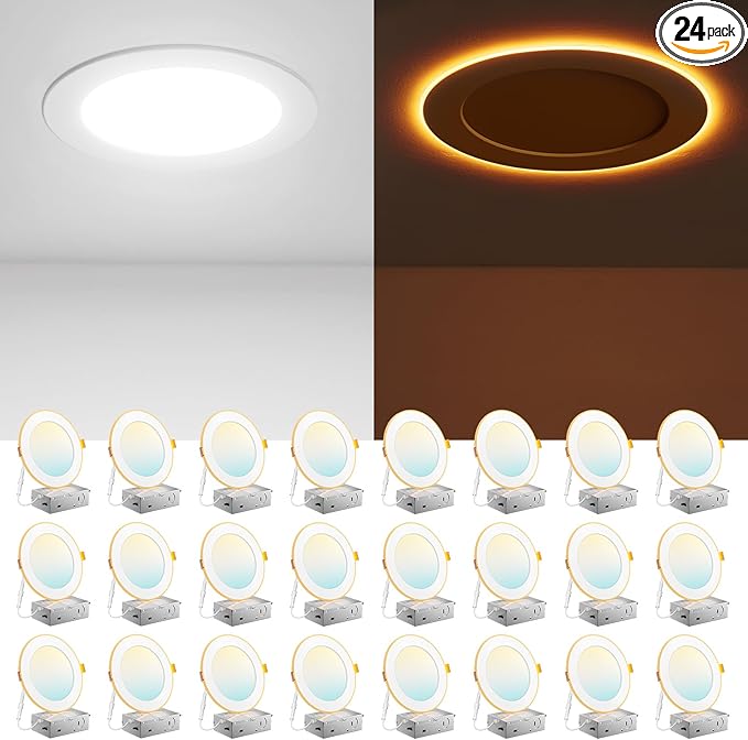 Amico 24 Pack 6 Inch 5CCT LED Recessed Ceiling Light with Night Light, 2700K/3000K/3500K/4000K/5000K Selectable Ultra-Thin Recessed Lighting, 12W=110W, 1100LM, Dimmable Canless Wafer Downlight ETL&FCC