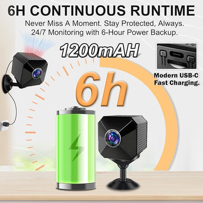 2026 Upgraded 4K Mini Wireless Security Camera, 6H Battery – Small Wireless Indoor Nanny Cam with No-Glow Night Vision, Motion Alerts, Home/Office Security Camera with Dual Storage
