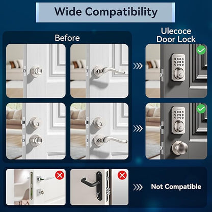 Ulecoce Keyless Entry Keypad Deadbolt with Handle Set, Smart Lock, Auto-Lock + One-Touch Lock, 100 Codes + Easy Install, Ideal for Airbnb/Homes/Offices, Fits U.S. Standard Front Doors, Satin Nickel