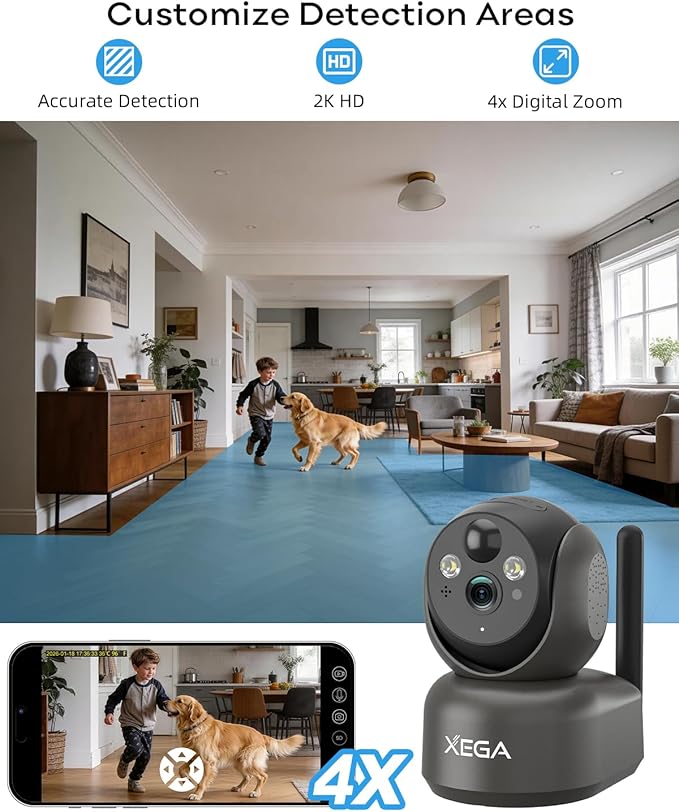 Xega 4G Cellular Security Camera Indoor Wireless, 2K PTZ No WiFi Camera for Home/RV/Travel/Pet/Baby with Phone App, Battery Powered Motion Detection Cloud/TF Built-in SIM Card(Subscription Required)