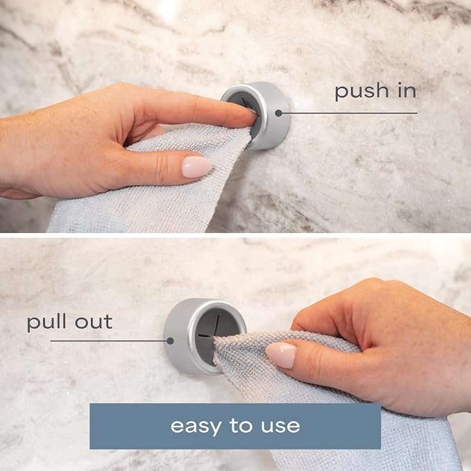 S&T INC. Adhesive Push Towel Hooks, 4 Pack, Brushed Silver | 2 Installation Options, Round Hooks for Kitchen, Bathroom, Garage and Home Use, Organization Hooks, Strong Grip