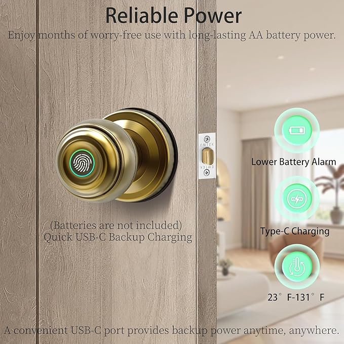 UMIKSMART Fingerprint Door Knob Lock, Smart Keyless Entry Door Knob with Tuya App Control & Auto-Lock, Backup Key, Easy Install for Home, Apartment, Office, Bronze