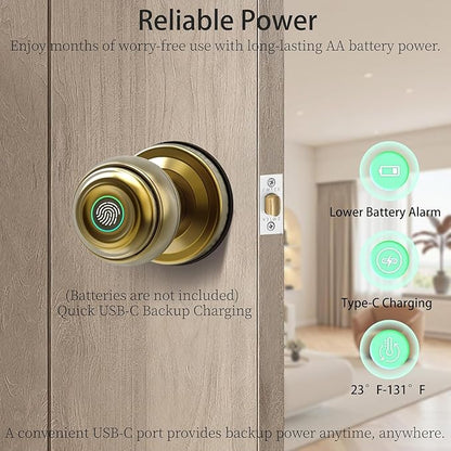 UMIKSMART Fingerprint Door Knob Lock, Smart Keyless Entry Door Knob with Tuya App Control & Auto-Lock, Backup Key, Easy Install for Home, Apartment, Office, Bronze