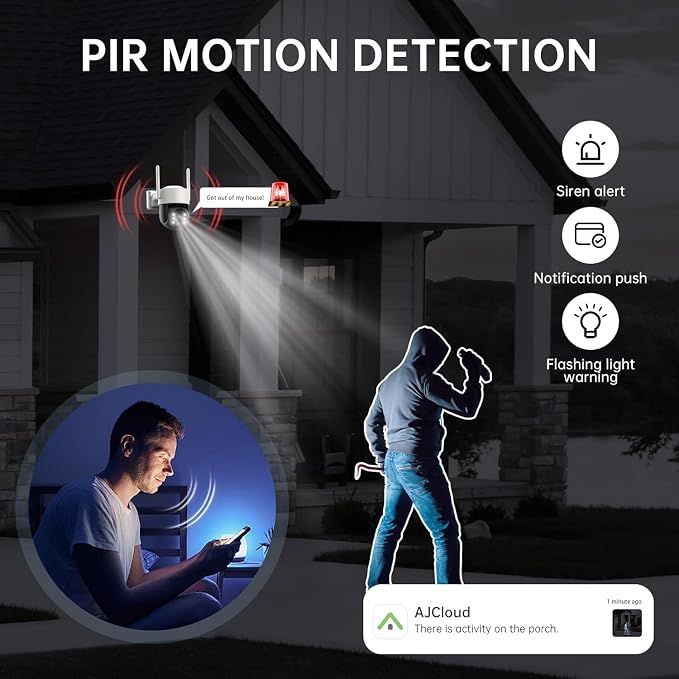 Chpuss Solar Security Camera Wireless Outdoor, 2K HD Surveillance Solar Powered WiFi Camera, Color Night Vision, PIR Detection, 360° View, 2-Way Talk, Spotlight Siren Alarm (Black & White - 1PACK)