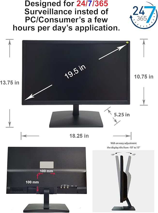 101AV 19.5" 5MP/2560x1920 Super-HD TVI, AHD, CVI & CVBS Professional Security Monitor,1 HDMI, 2 BNC in & 1 Out, Working with 5MP Security Cameras Directly in Addition to DVR/NVR & PC 24/7