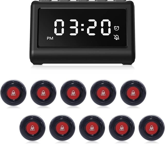 CallToU Wireless Calling System Caregiver Call Button Patient Call Bell with 10 Waterproof Call Buttons and 1 Display Receiver for Clinic Nurses Station Restaurant Nursing Home 1000FT Wireless Ranger