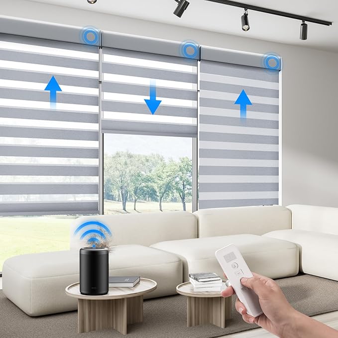 Motorized Zebra Blinds Compatible with Alexa Smart Dual Layer Shades with Control Remote Roller Blinds Automatic Shades for Smart Home and Office Customized Size (95% Shading - Luxury Grey)