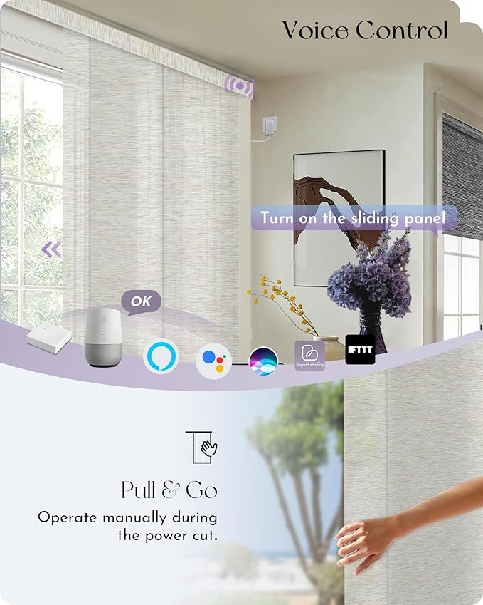 Graywind Rechargeable Smart Sliding Panels Compatible with Alexa Google Motorized Panel Track Blinds Remote Control for Patio Sliding Door Closet Door Width Up to 177" Custom Size (Moonlight)