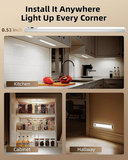 EZVALO 3-Pack Under Cabinet Lighting, 4000mAh Rechargeable Motion Sensor Light, 16inch Magnetic Closet Lights with Dimmable & 3 Color Temps, Wireless Motion Activated Lights with Remote for Kitchen